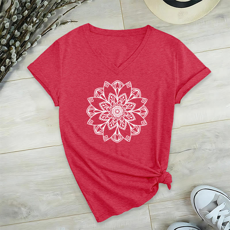 Olivenorma Mandala Floral Tee V-Neck Regular Fit Lotus Spiritual T-Shirt - Red - 2XL - image 27