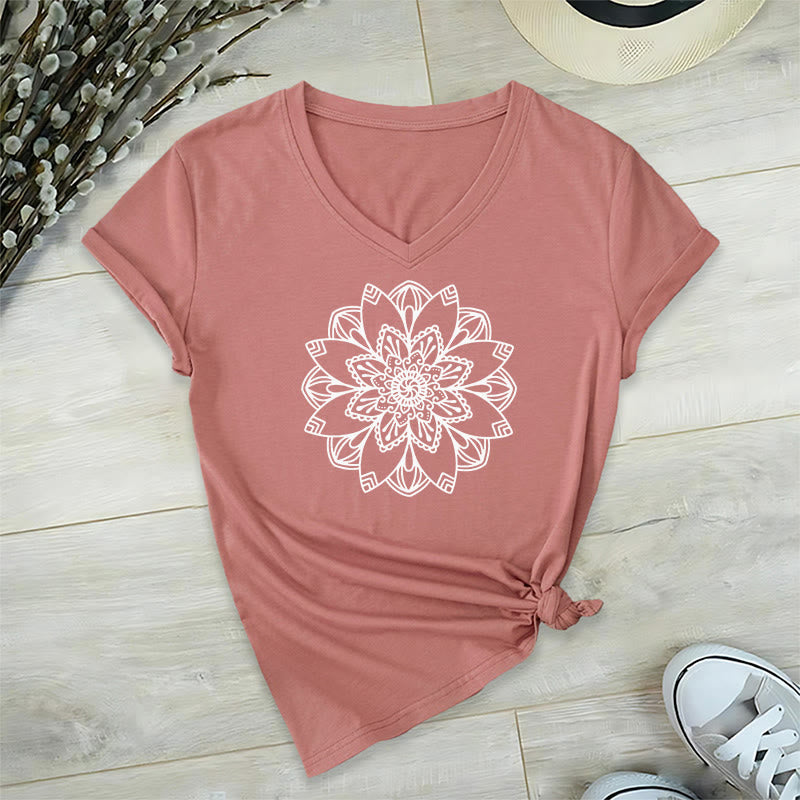 Olivenorma Mandala Floral Tee V-Neck Regular Fit Lotus Spiritual T-Shirt - Pink - 2XL - image 0