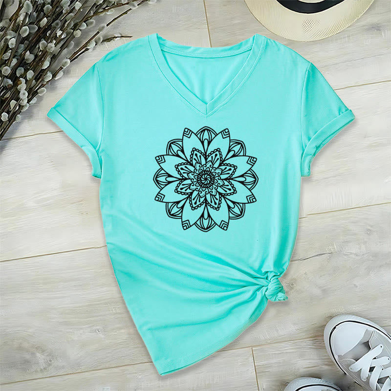 Olivenorma Mandala Floral Tee V-Neck Regular Fit Lotus Spiritual T-Shirt - Cyan - 2XL - image 15