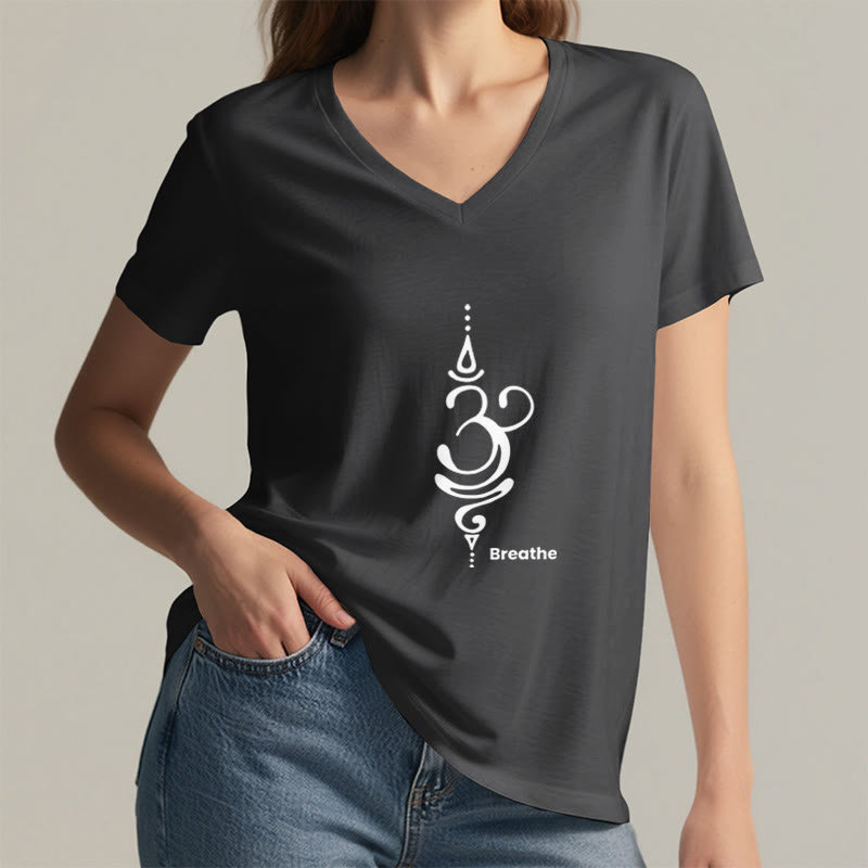 Olivenorma Breathe Symbol Women Short Sleeve V-Neck Cotton Yoga Medatition T-Shirt - image 2
