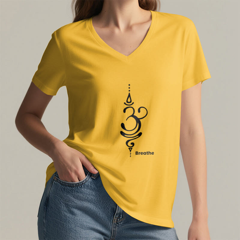 Olivenorma Breathe Symbol Women Short Sleeve V-Neck Yoga Medatition T-Shirt - image 14