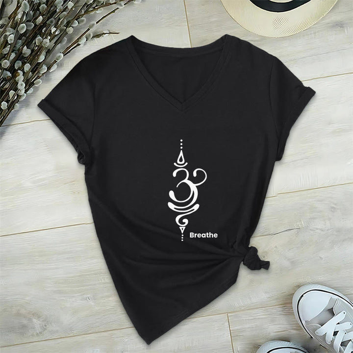 Olivenorma Breathe Symbol Women Short Sleeve V-Neck Yoga Medatition T-Shirt - Black - 2XL - image 7