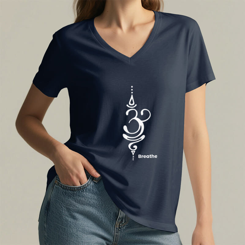 Olivenorma Breathe Symbol Women Short Sleeve V-Neck Yoga Medatition T-Shirt - image 22