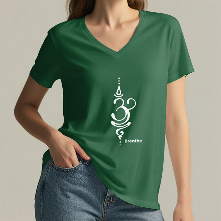 Olivenorma Breathe Symbol Women Short Sleeve V-Neck Yoga Medatition T-Shirt - image 18
