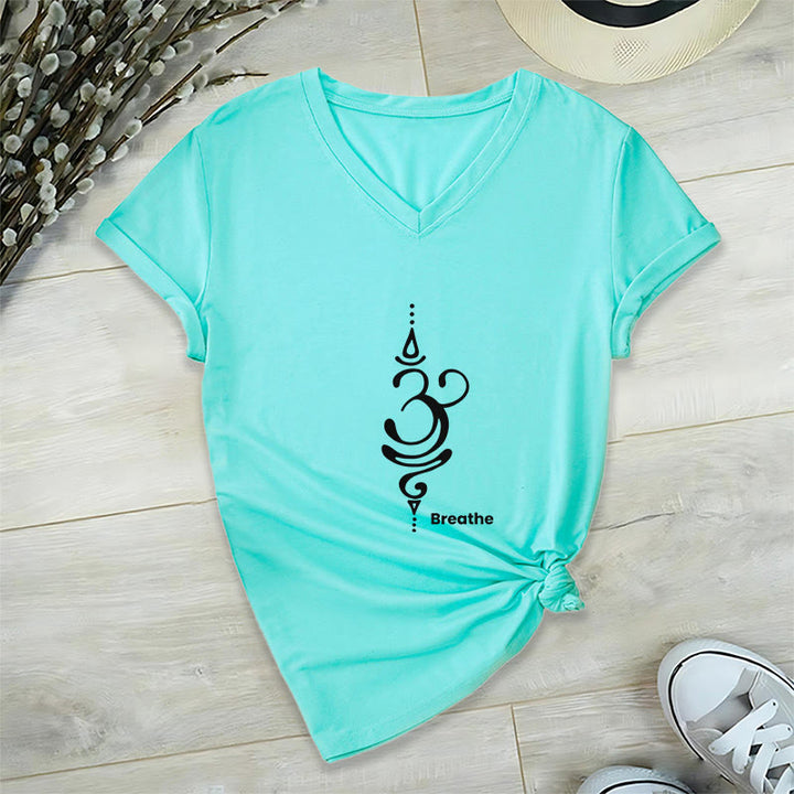 Olivenorma Breathe Symbol Women Short Sleeve V-Neck Yoga Medatition T-Shirt - Cyan - 2XL - image 15