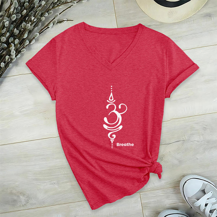 Olivenorma Breathe Symbol Women Short Sleeve V-Neck Yoga Medatition T-Shirt - Red - 2XL - image 27