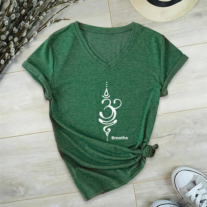 Olivenorma Breathe Symbol Women Short Sleeve V-Neck Yoga Medatition T-Shirt - Green - 2XL - image 17