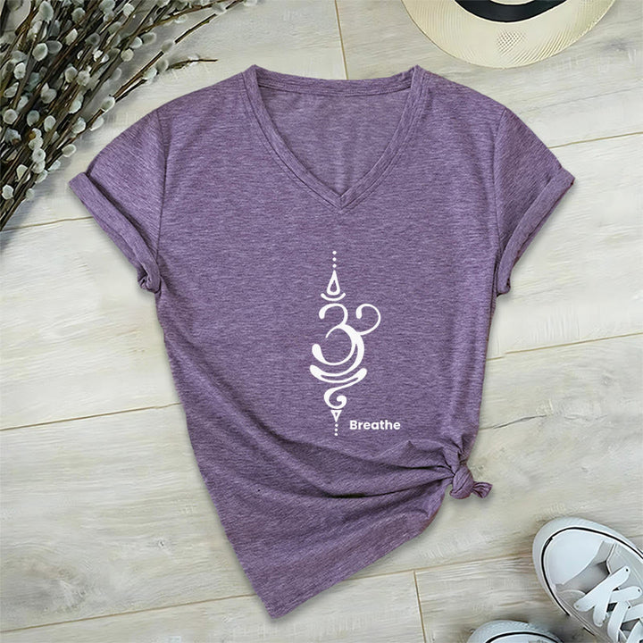 Olivenorma Breathe Symbol Women Short Sleeve V-Neck Yoga Medatition T-Shirt - Purple - 2XL - image 19