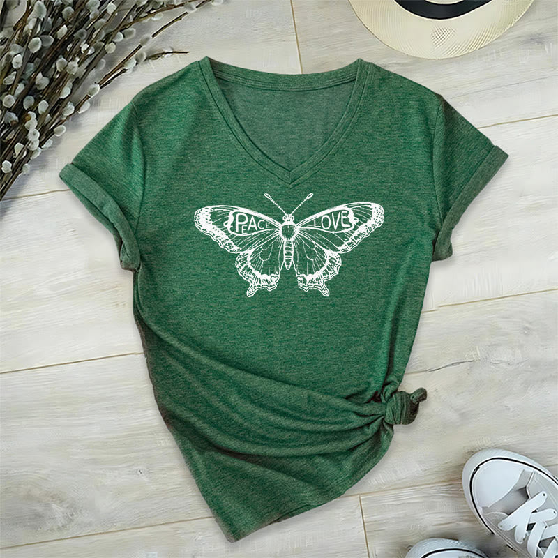 Olivenorma PEACE & LOVE Butterfly Short Sleeve V-Neck T-Shirt - Green - 2XL - image 15