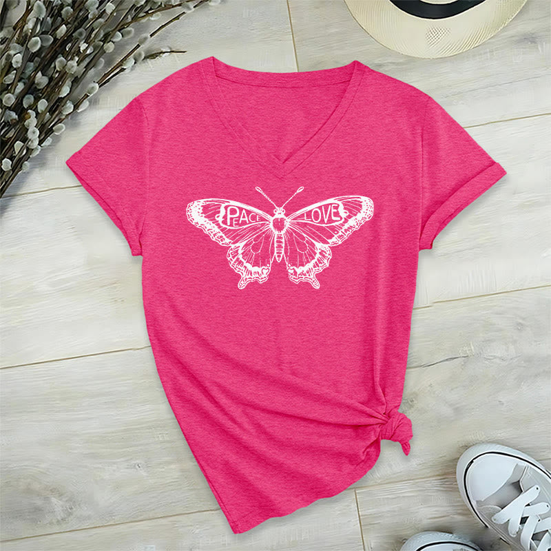 Olivenorma PEACE & LOVE Butterfly Short Sleeve V-Neck T-Shirt - HotPink - 2XL - image 29
