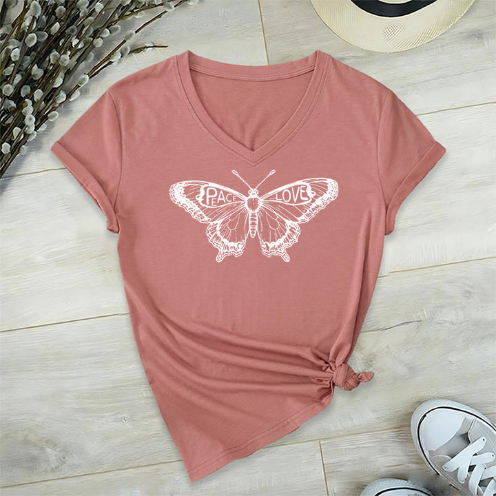 Olivenorma PEACE & LOVE Butterfly Short Sleeve V-Neck T-Shirt - Pink - 2XL - image 25