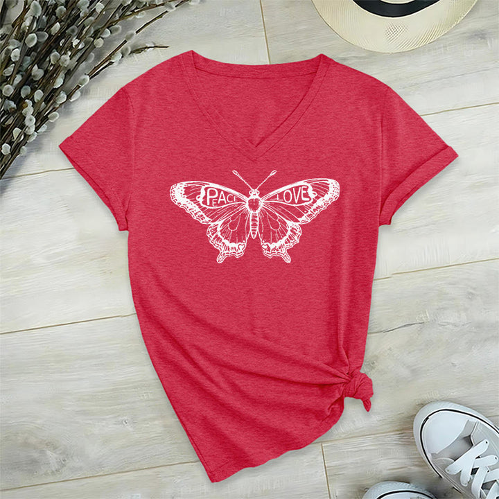 Olivenorma PEACE & LOVE Butterfly Short Sleeve V-Neck T-Shirt - Red - 2XL - image 27