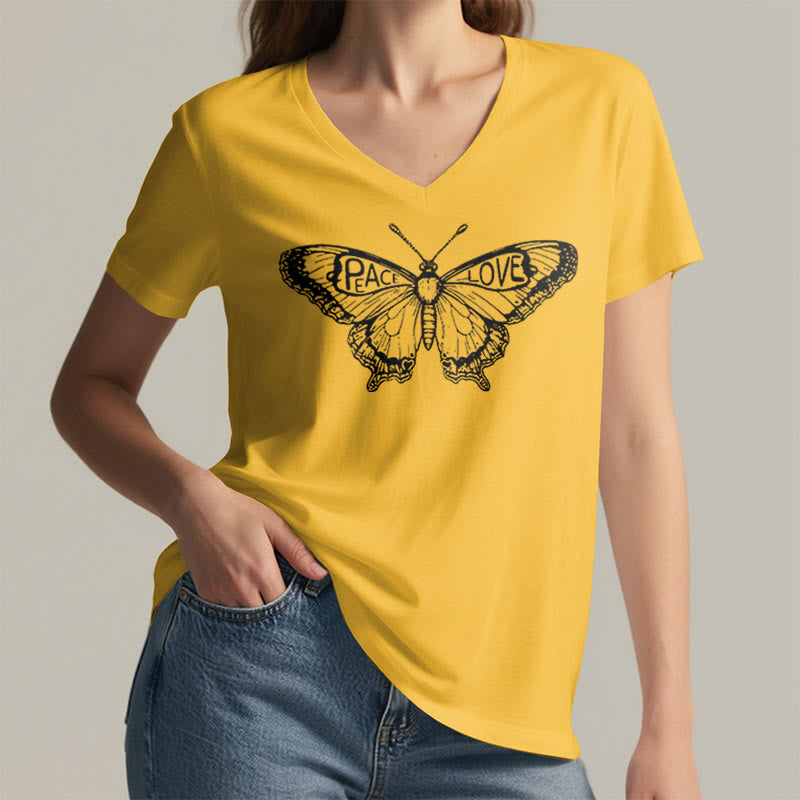 Olivenorma PEACE & LOVE Butterfly Short Sleeve V-Neck T-Shirt - image 1