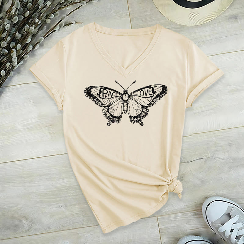 Olivenorma PEACE & LOVE Butterfly Short Sleeve V-Neck T-Shirt - Beige - 2XL - image 11
