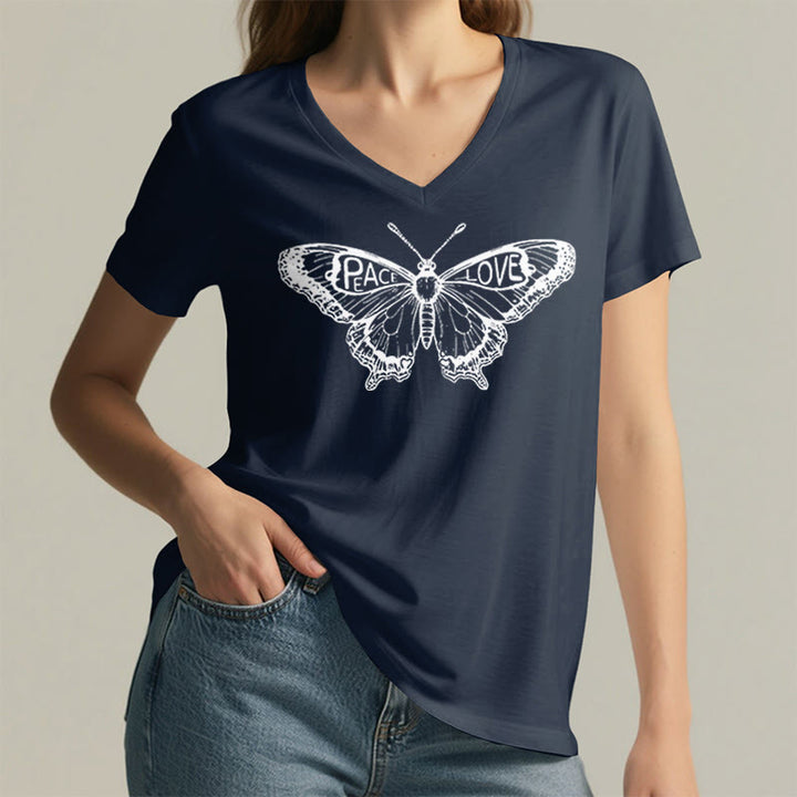 Olivenorma PEACE & LOVE Butterfly Short Sleeve V-Neck T-Shirt - image 1
