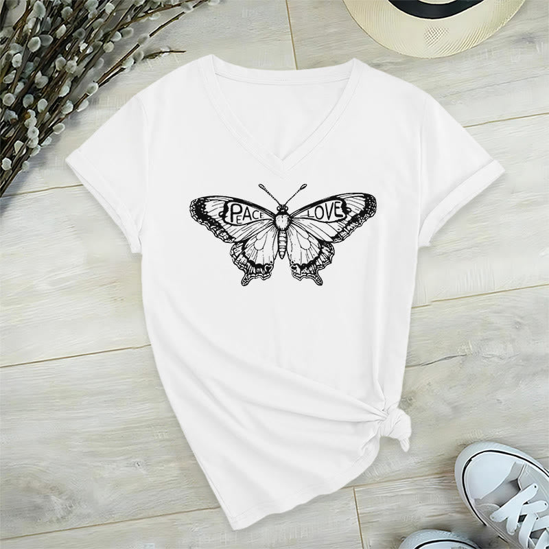 Olivenorma PEACE & LOVE Butterfly Short Sleeve V-Neck T-Shirt - White - 2XL - image 9