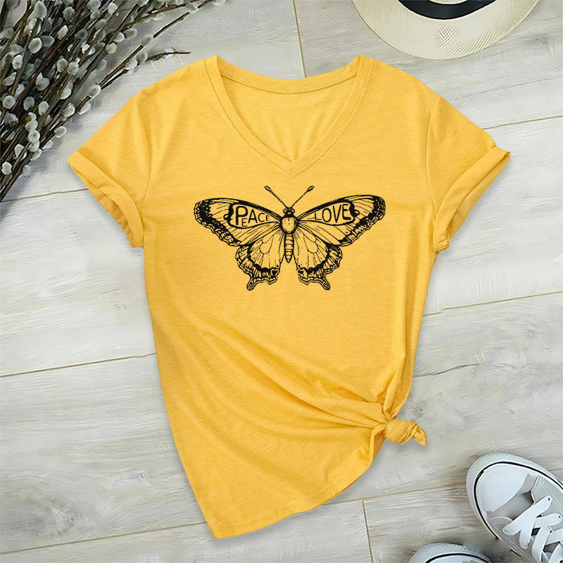 Olivenorma PEACE & LOVE Butterfly Short Sleeve V-Neck T-Shirt - Yellow - 2XL - image 0