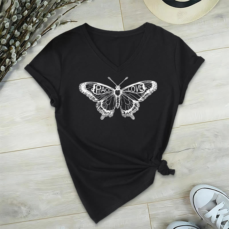 Olivenorma PEACE & LOVE Butterfly Short Sleeve V-Neck T-Shirt - Black - 2XL - image 7