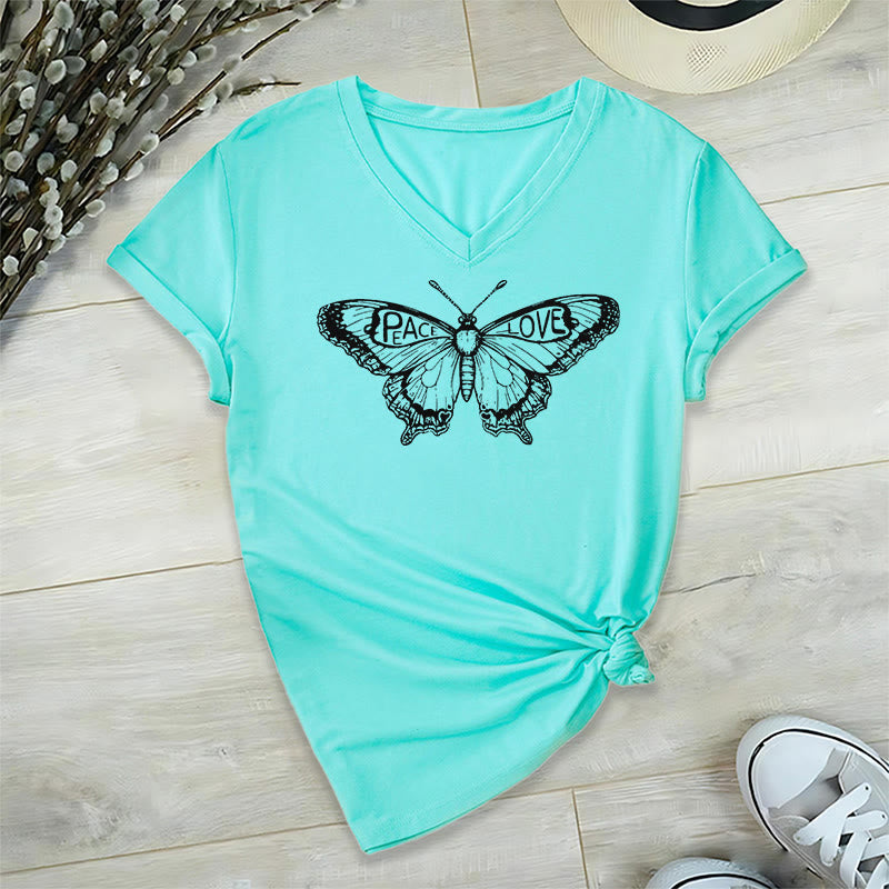 Olivenorma PEACE & LOVE Butterfly Short Sleeve V-Neck T-Shirt - Cyan - 2XL - image 13