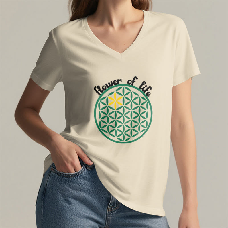 Olivenorma Flower of Life Boho Graphic Tees Casual V-Neck T-Shirt - image 2