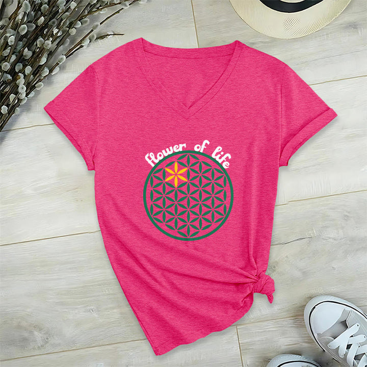 Olivenorma Flower of Life Boho Graphic Tees Casual V-Neck T-Shirt - HotPink - 2XL - image 29
