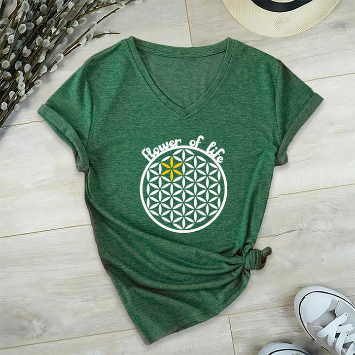 Olivenorma Flower of Life Boho Graphic Tees Casual V-Neck T-Shirt - Green - 2XL - image 15