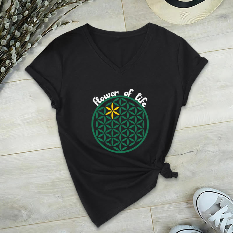 Olivenorma Flower of Life Boho Graphic Tees Casual V-Neck T-Shirt - Black - 2XL - image 7