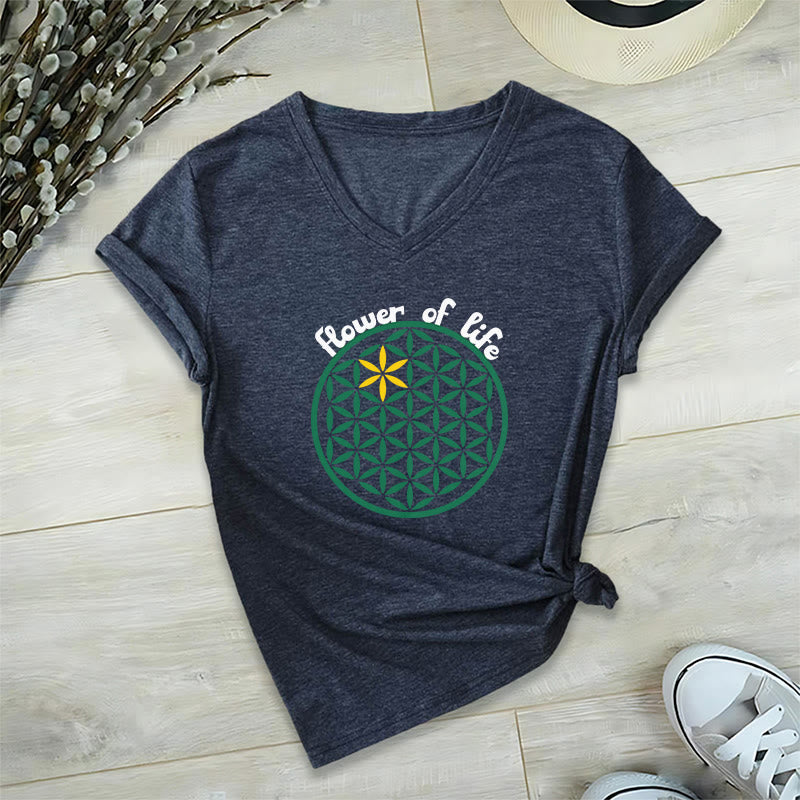 Olivenorma Flower of Life Boho Graphic Tees Casual V-Neck T-Shirt - Navy - 2XL - image 19