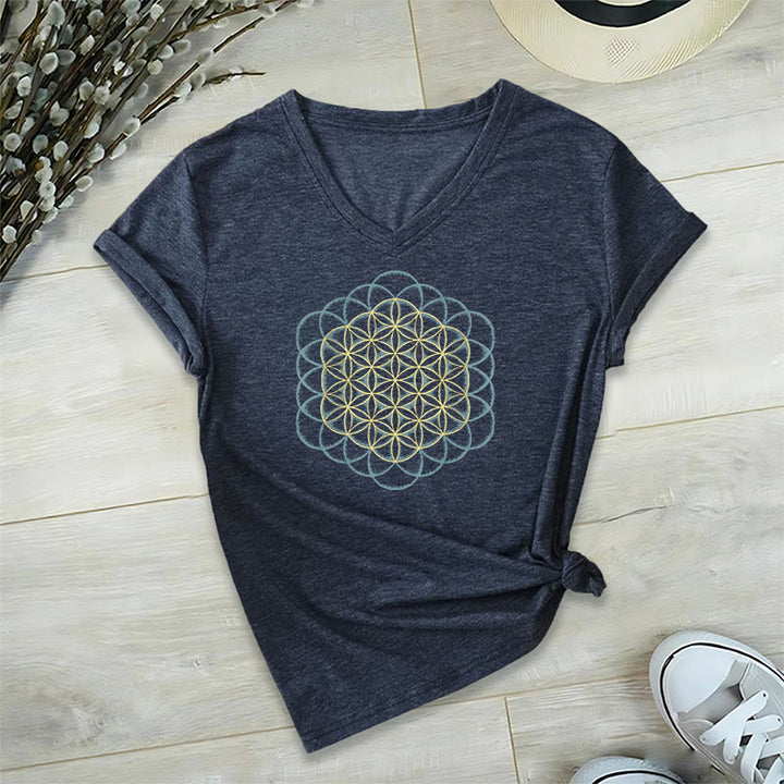 Olivenorma Flower Of Life Ward Off Evil Dreamcatcher Printed Geometry V-Neck T-Shirt - Navy - 2XL - image 17
