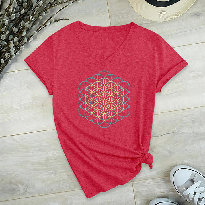 Olivenorma Flower Of Life Ward Off Evil Dreamcatcher Printed Geometry V-Neck T-Shirt - Red - 2XL - image 21
