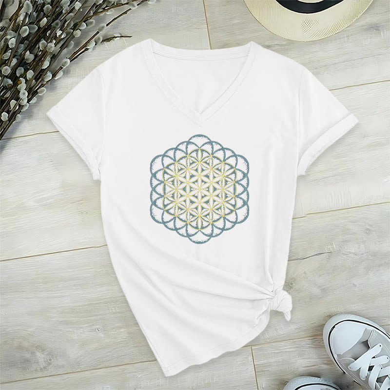 Olivenorma Flower Of Life Ward Off Evil Dreamcatcher Printed Geometry V-Neck T-Shirt - White - 2XL - image 13
