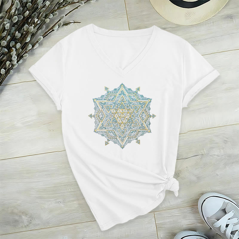 Olivenorma Metatro's Cube Symbol Sacred Geometry Healing Tee V-Neck Spiritual T-Shirt - White - 2XL - image 12