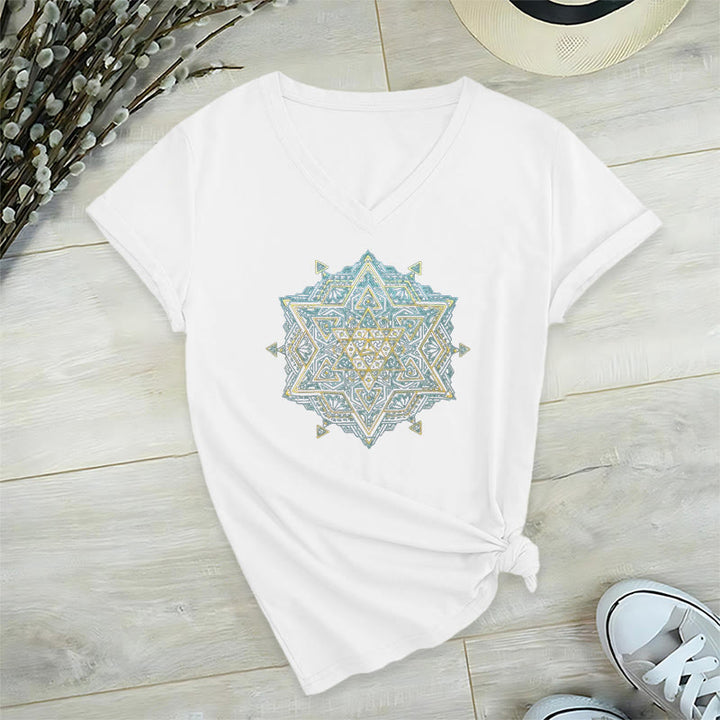Olivenorma Metatro's Cube Symbol Sacred Geometry Healing Tee V-Neck Spiritual T-Shirt - White - 2XL - image 12
