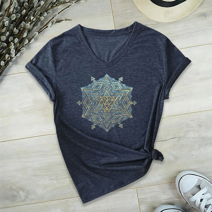 Olivenorma Metatro's Cube Symbol Sacred Geometry Healing Tee V-Neck Spiritual T-Shirt - Navy - 2XL - image 20