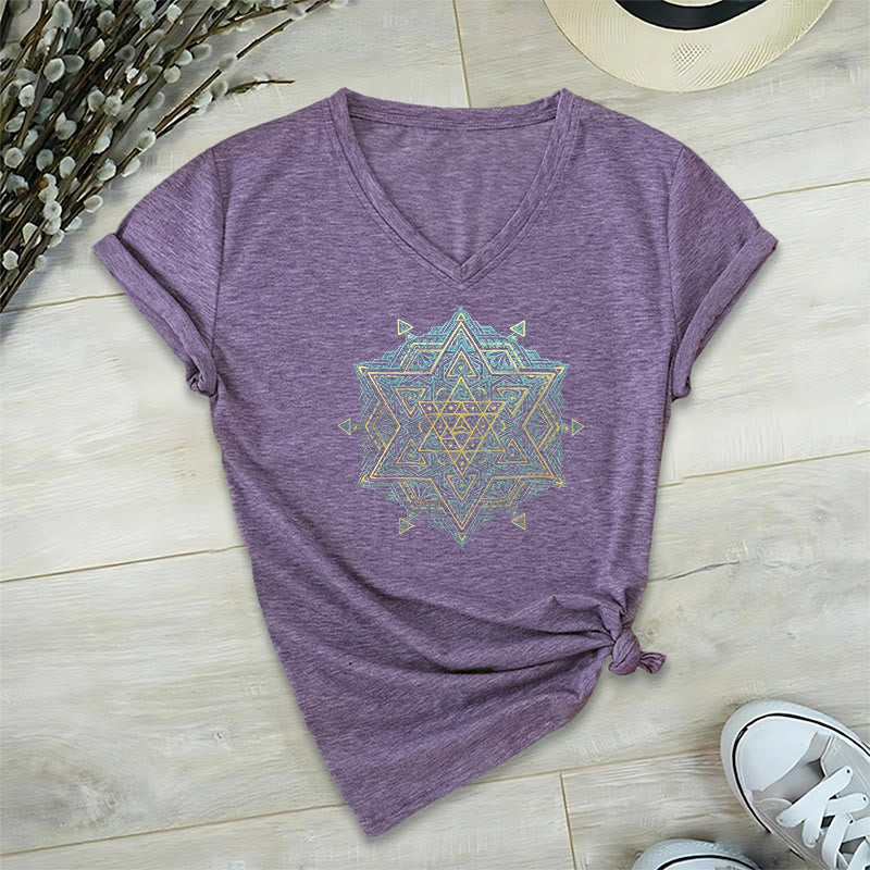Olivenorma Metatro's Cube Symbol Sacred Geometry Healing Tee V-Neck Spiritual T-Shirt - Purple - 2XL - image 22