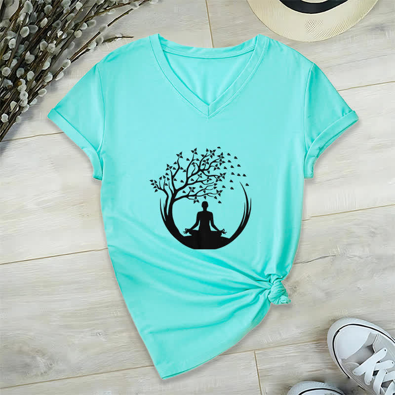 Olivenorma Yoga Meditation Pilates Namaste V-Neck T-Shirt - Lake Blue - 2XL - image 23