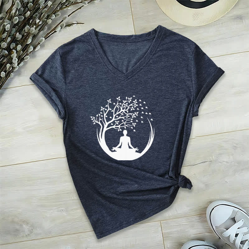 Olivenorma Yoga Meditation Pilates Namaste V-Neck T-Shirt - Navy Blue - 2XL - image 3