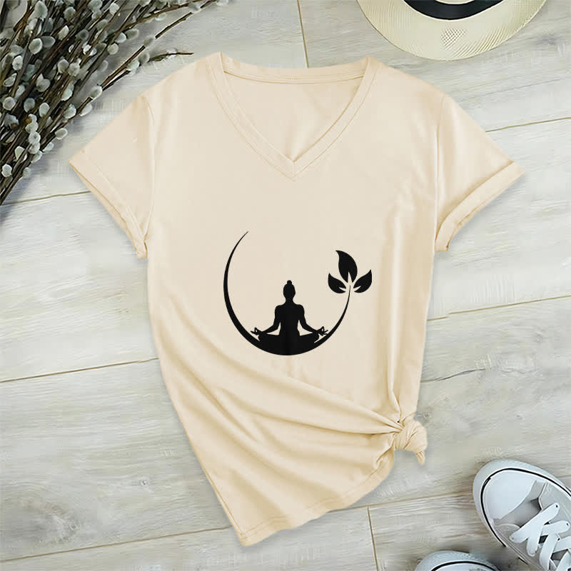 Olivenorma Yoga Lotus Buddha Meditation V-Neck T-Shirt - Khaki - 2XL - image 22