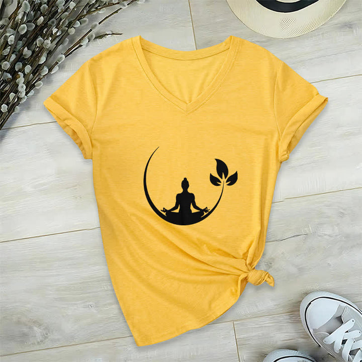 Olivenorma Yoga Lotus Buddha Meditation V-Neck T-Shirt - Yellow - 2XL - image 1