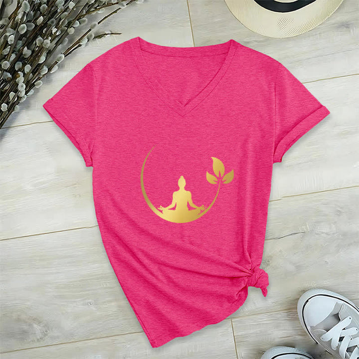 Olivenorma Yoga Lotus Buddha Meditation V-Neck T-Shirt - Rose Red - 2XL - image 20