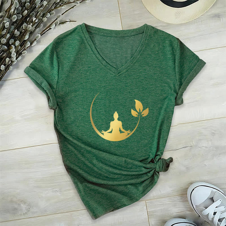 Olivenorma Yoga Lotus Buddha Meditation V-Neck T-Shirt - Dark Green - 2XL - image 8