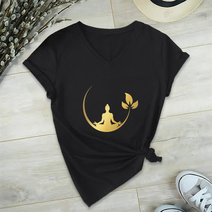 Olivenorma Yoga Lotus Buddha Meditation V-Neck T-Shirt - Black - 2XL - image 14