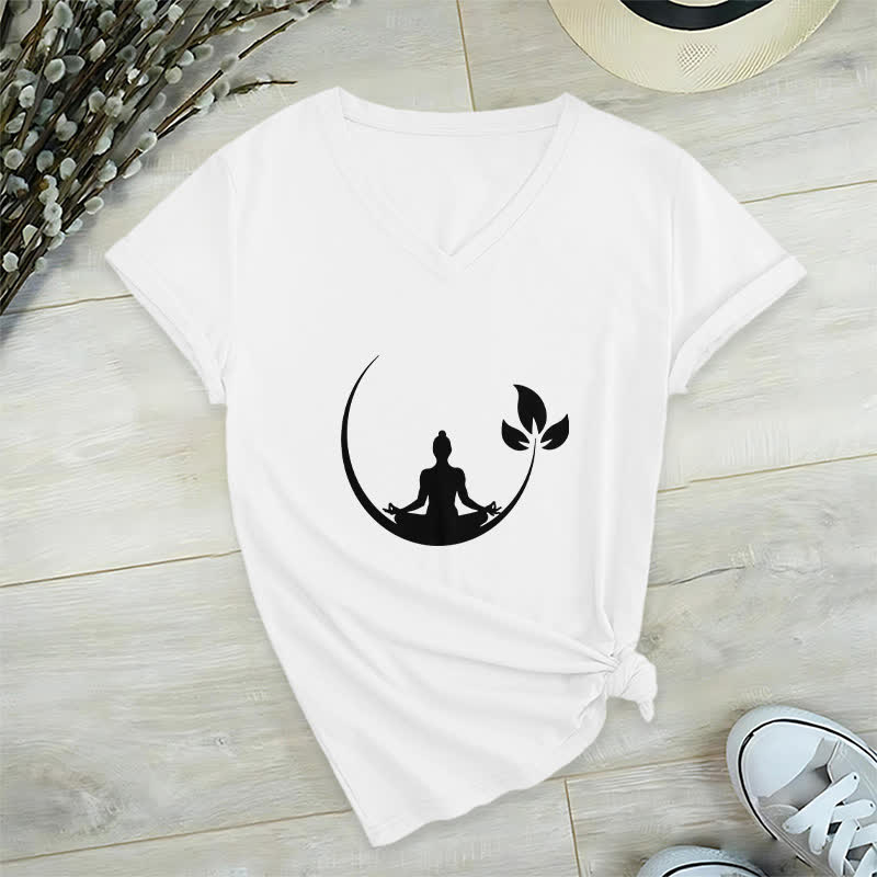 Olivenorma Yoga Lotus Buddha Meditation V-Neck T-Shirt - White - 2XL - image 3