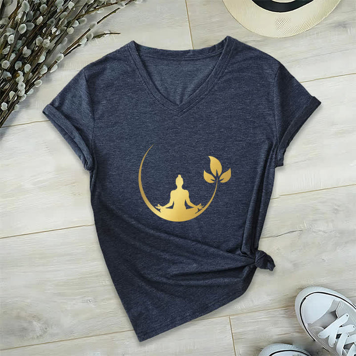 Olivenorma Yoga Lotus Buddha Meditation V-Neck T-Shirt - Navy Blue - 2XL - image 6