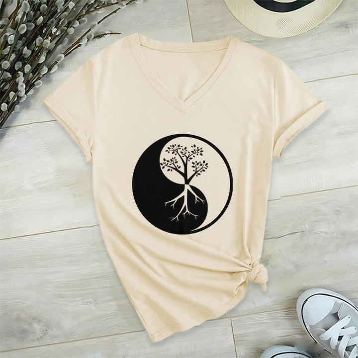 Olivenorma Yin Yang Tree Yoga Meditation V-Neck T-Shirt - Khaki - 2XL - image 22