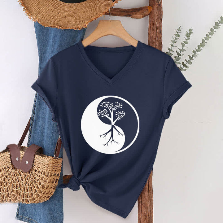 Olivenorma Yin Yang Tree Yoga Meditation V-Neck T-Shirt - image 6