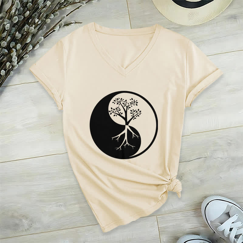 Olivenorma Yin Yang Tree Yoga Meditation V-Neck T-Shirt - Khaki - 2XL - image 21