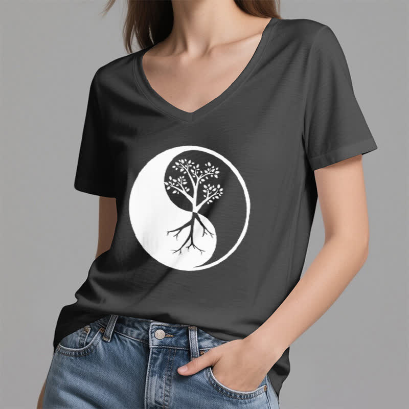Olivenorma Yin Yang Tree Yoga Meditation V-Neck T-Shirt - image 2