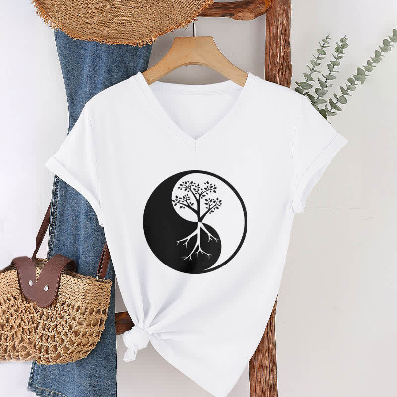 Olivenorma Yin Yang Tree Yoga Meditation V-Neck T-Shirt - image 4