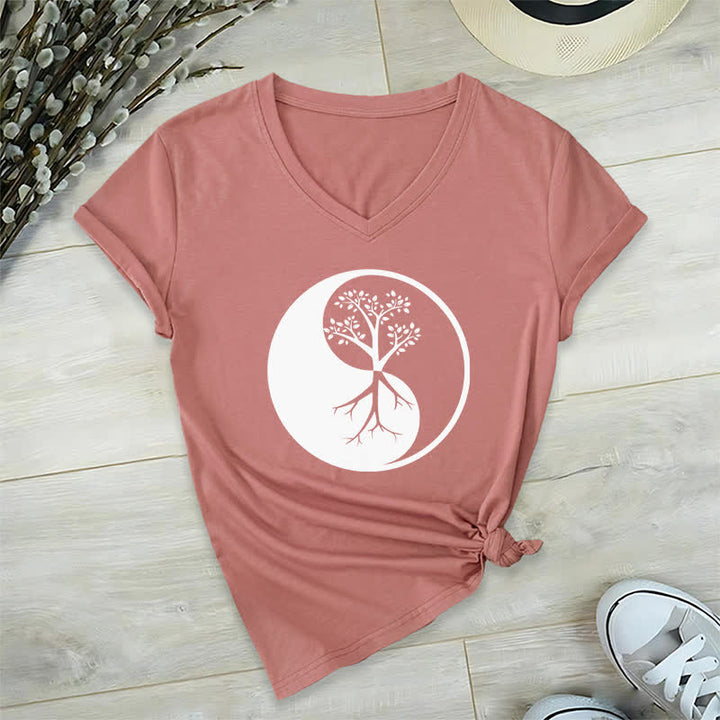 Olivenorma Yin Yang Tree Yoga Meditation V-Neck T-Shirt - Pink - 2XL - image 18